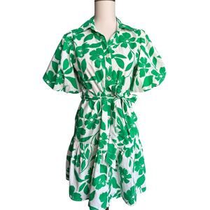 Jessica Simpson Green White Floral Tie Waist Dress 100% Cotton Size Small